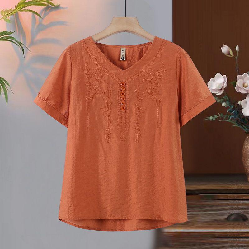 Women's Tencel Linen Embroidered Short-Sleeve T-Shirt & Pants Set - Summer Style for Middle-Aged Moms