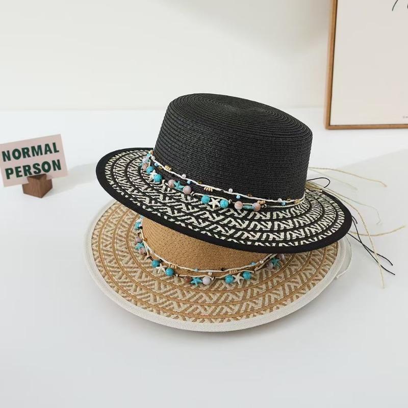 Summer Outdoor Sunscreen Hat Women's 2025 New Flat-top Straw Hat Seaside Beach Vacation Sunshade Sun Hat Tide