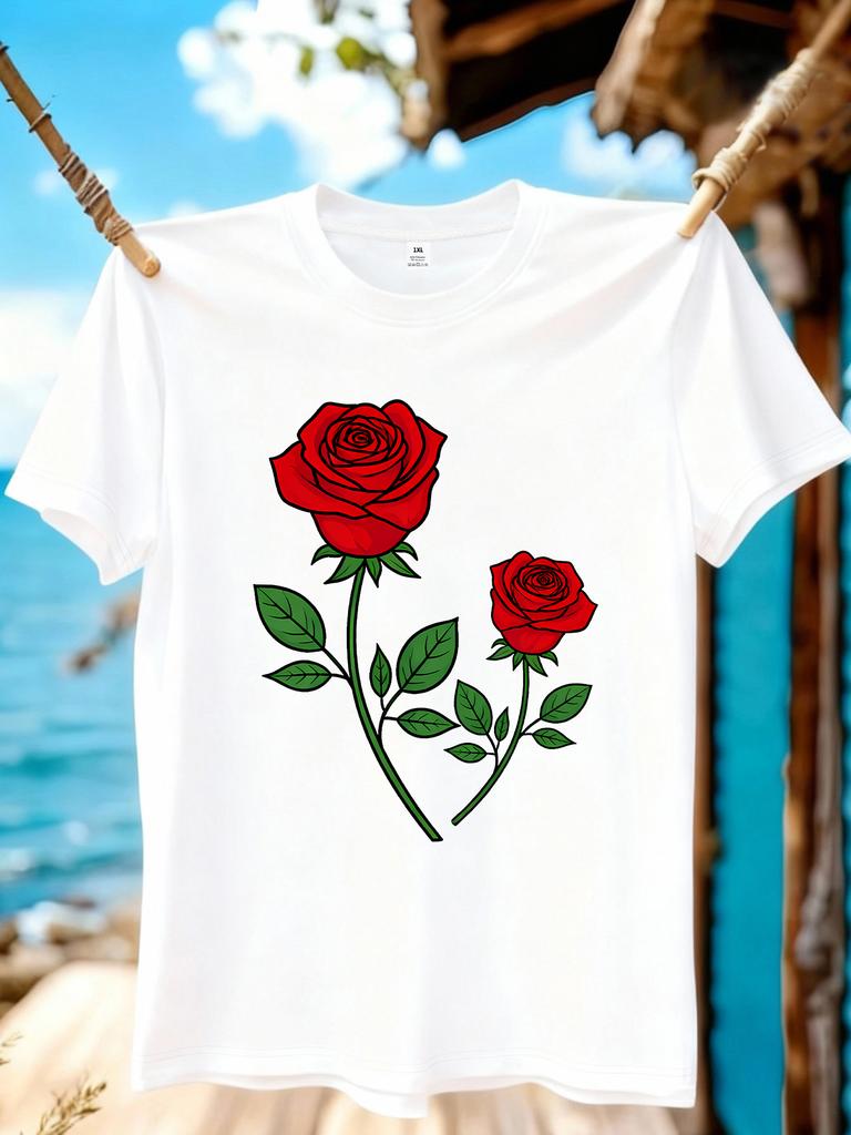 Wzm109121rose Print Plus Size Unisexs Round Neck Summer Casual Short Sleeved Street Fashion Versatile Plus Size Tshirt