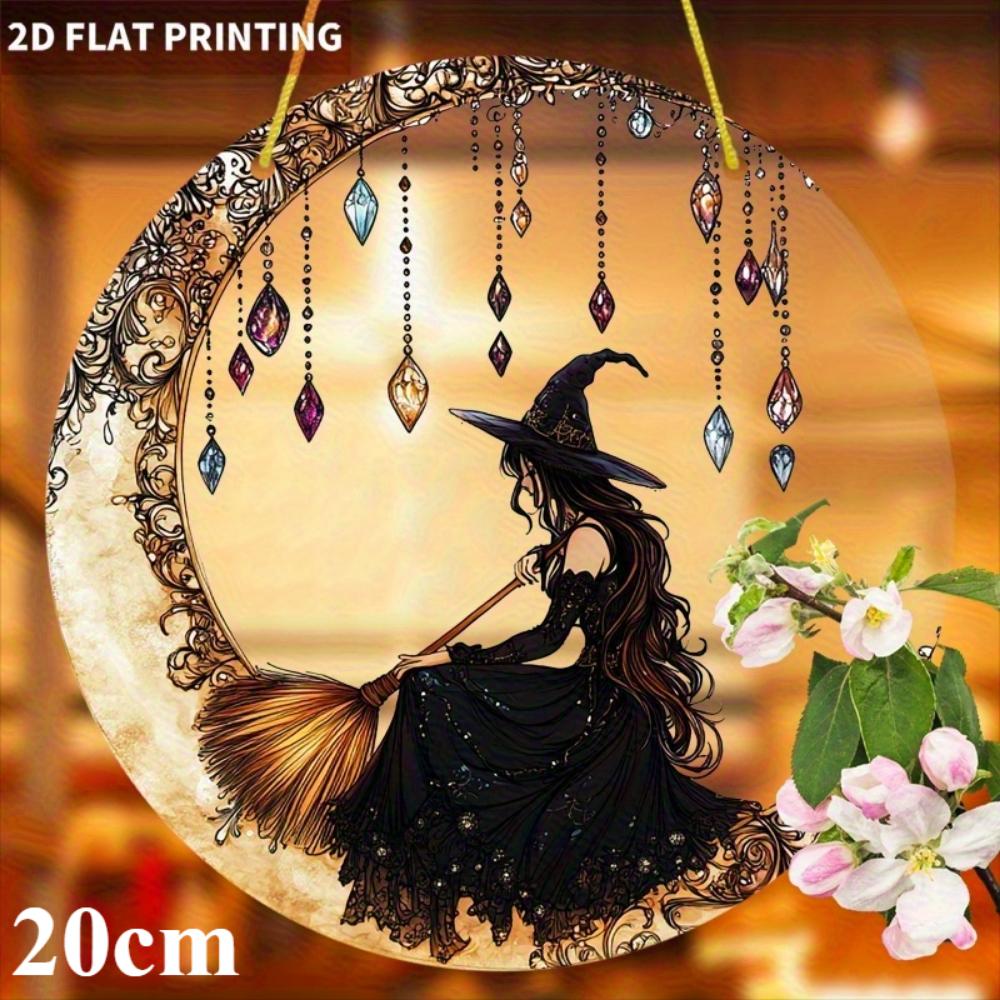 2D flat acrylic Mystery Witch on the Crescent Sun Catcher - acrylic window hanging, stained glass style, perfect for Halloween and fall home decor