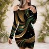 Women Plus Size One Shoulder Long Sleeve Printed Black Green Gold Bodycon Mini Dress