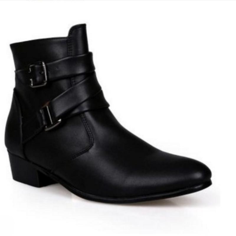 New autumn men's leather Boots Belt buckle outdoor anti slip Footwear Fashion pointed high boot Casual comfortable male shoes