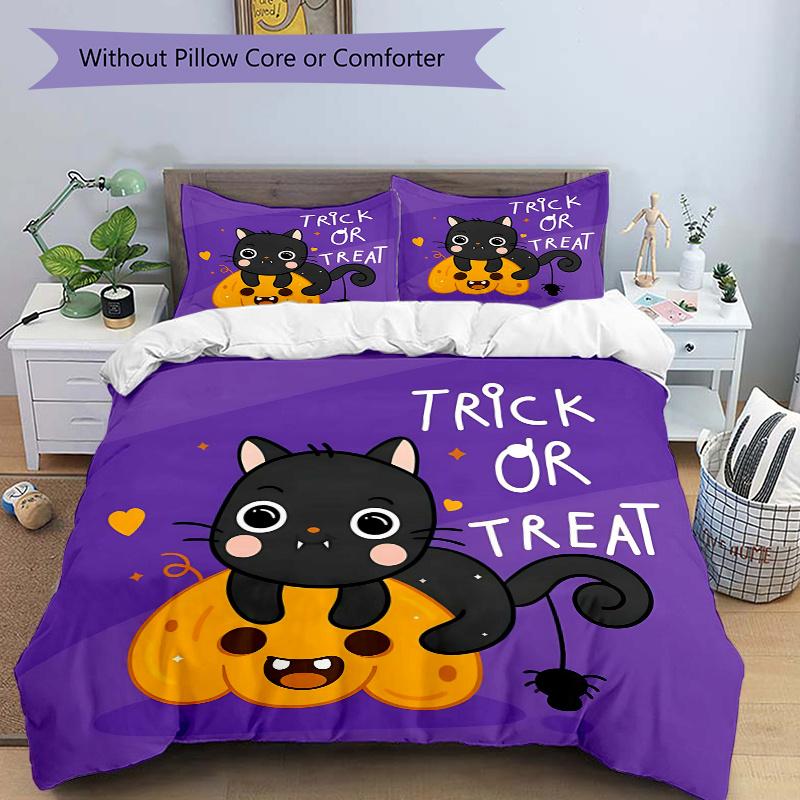 3pcs Trick or Treat Adorable Cat and Pumpkin Bedding Set - Includes Quilt Cover and Pillowcases, Suitable for All Seasons,