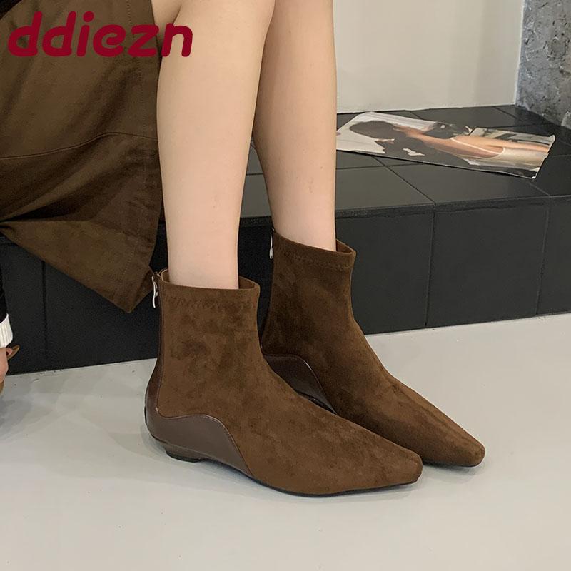 Mode Damen Spitzschuhe Damen Stiefeletten Modern mit niedrigem Absatz Schuhe Mode Flock Damen Kurze Stiefel Reißverschlüsse Schuhe Dame