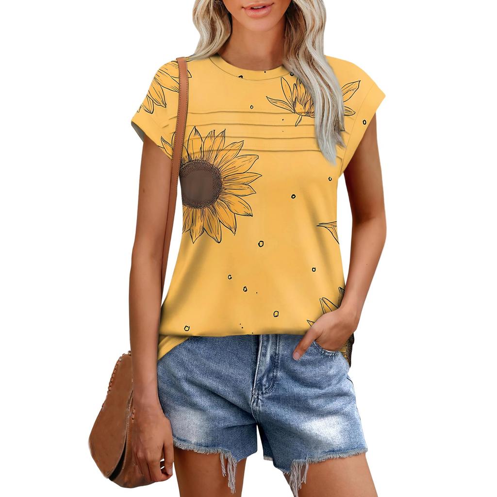 Damenmode Lässig Kurzarm Basic Textur Floral Rundhals T-Shirt Kappenärmel Top
