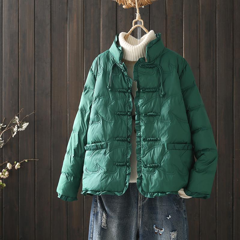 FASHION2024 New Product Handmade Buckle Light and Thin Splicing Stand-up Collar White Duck Down Short and Winter Literary Jacket Clothes