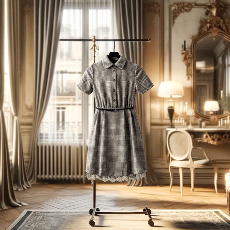 

JH-11: 2024 French Hepburn Plaid Lace Short-Sleeve Dress L серый