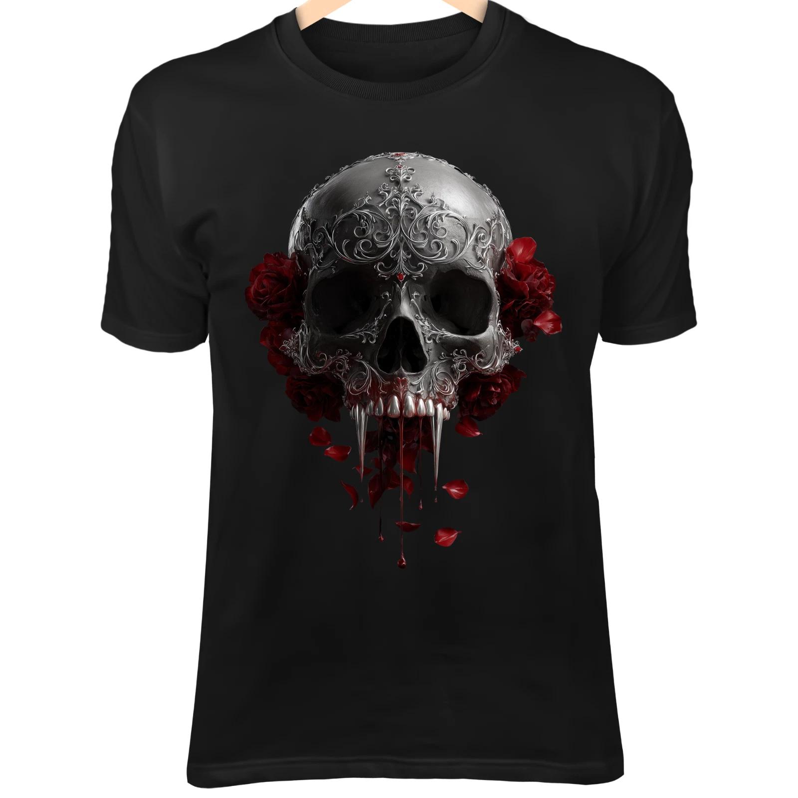 Vampire Skull T-Shirt – Blood Dripping Fangs, Gothic Filigree, Dark Rose Art S