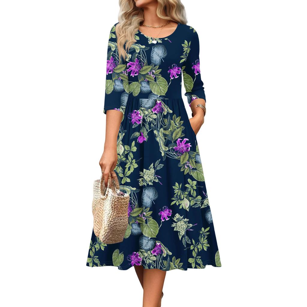 3/4-Ärmel Damenkleid Lässig Fließend A-Linie Midi T-Shirt Kleider mit Taschen Rundhalsausschnitt Urlaub Boho Strand Sommerkleid