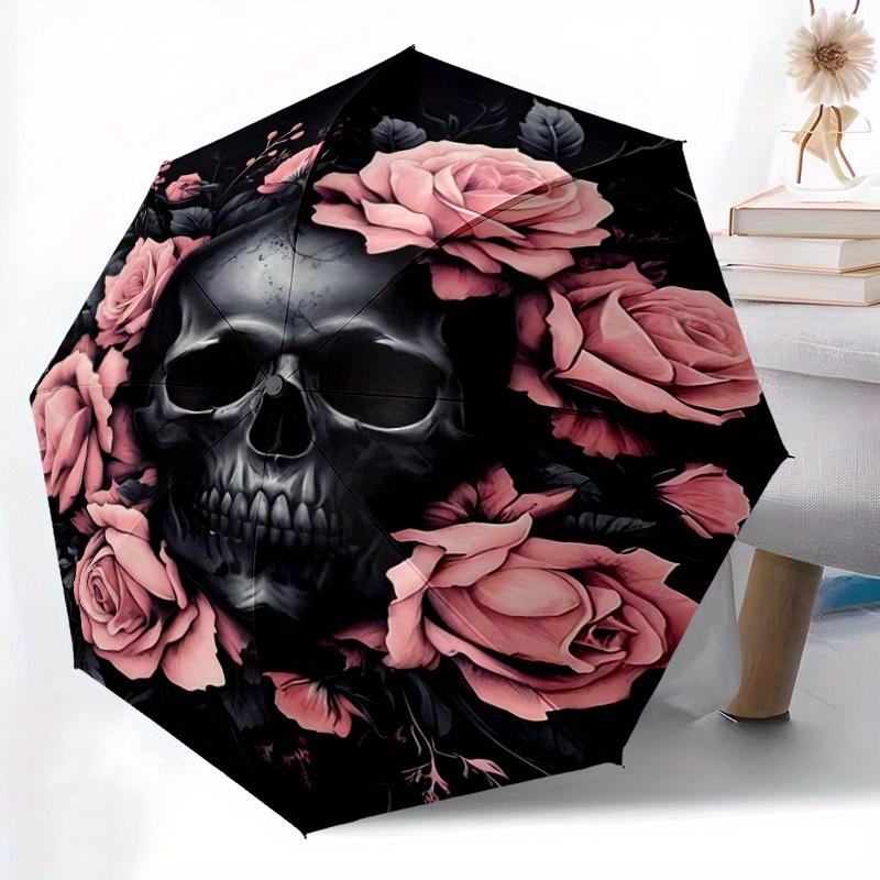 1pc Skull In Bloom Pattern Automatic, 8 Iron Frames, High-Value Folding Umbrella, Travel and Outdoor Adventure.C060