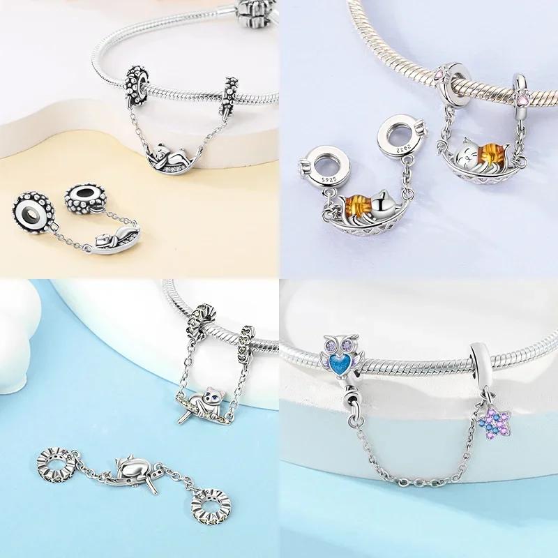 Copper Cute Cat Charms Heart Bead Safety Chain Fit Original Bracelet Diy Fine Jewelry For Women Diy Ladies Party Gifts