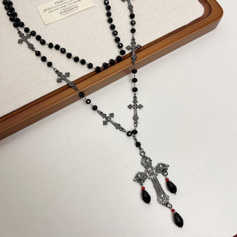 Gotischer Schwarzer Kreuzanhänger Lange Kette Halskette Damen Legierung Statement Layering Dunkle Ästhetik Schmuck