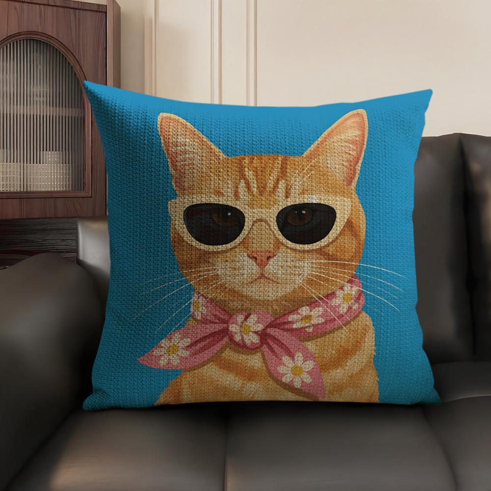 Art Cat Cute Cushion Cover Summer Breathable Linen Organic Fabric Double-Sided Printing Sofa Pillow Case Home Decor
