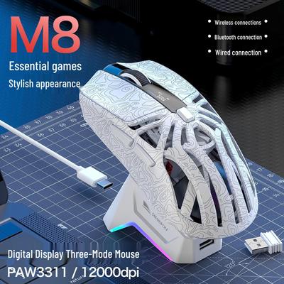 Smailang M8 Wireless Gaming Mouse - Esports Bluetooth, PAW3311 Sensor, 3 Modes, Screen Display, Charging Dock, USB.
