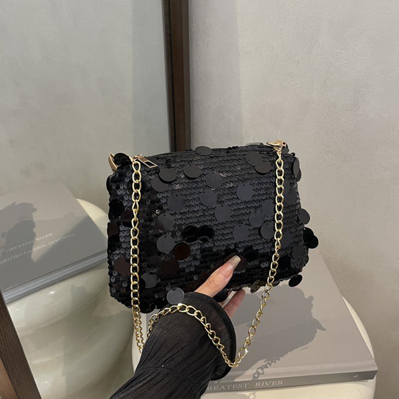 Sequin Evening Party Shoulder Bag for Women Lightweight Chain Crossbody Bag Solid Color Casual Female Handbag Fashion Trendy