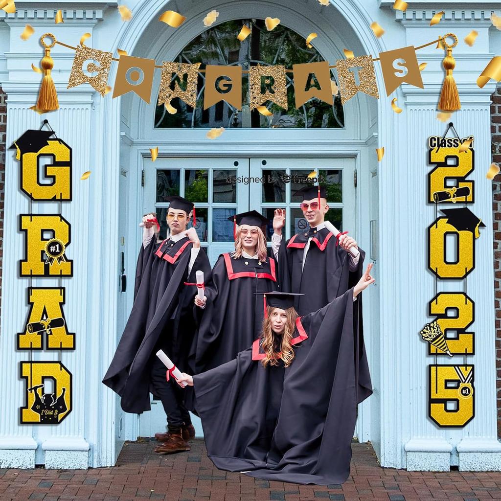 Graduation Door Banners for Front Door, Gold and Black 2025 Congratulations Congrats Door Sign for Grad Party Decoration, Porch Sign for School Yard