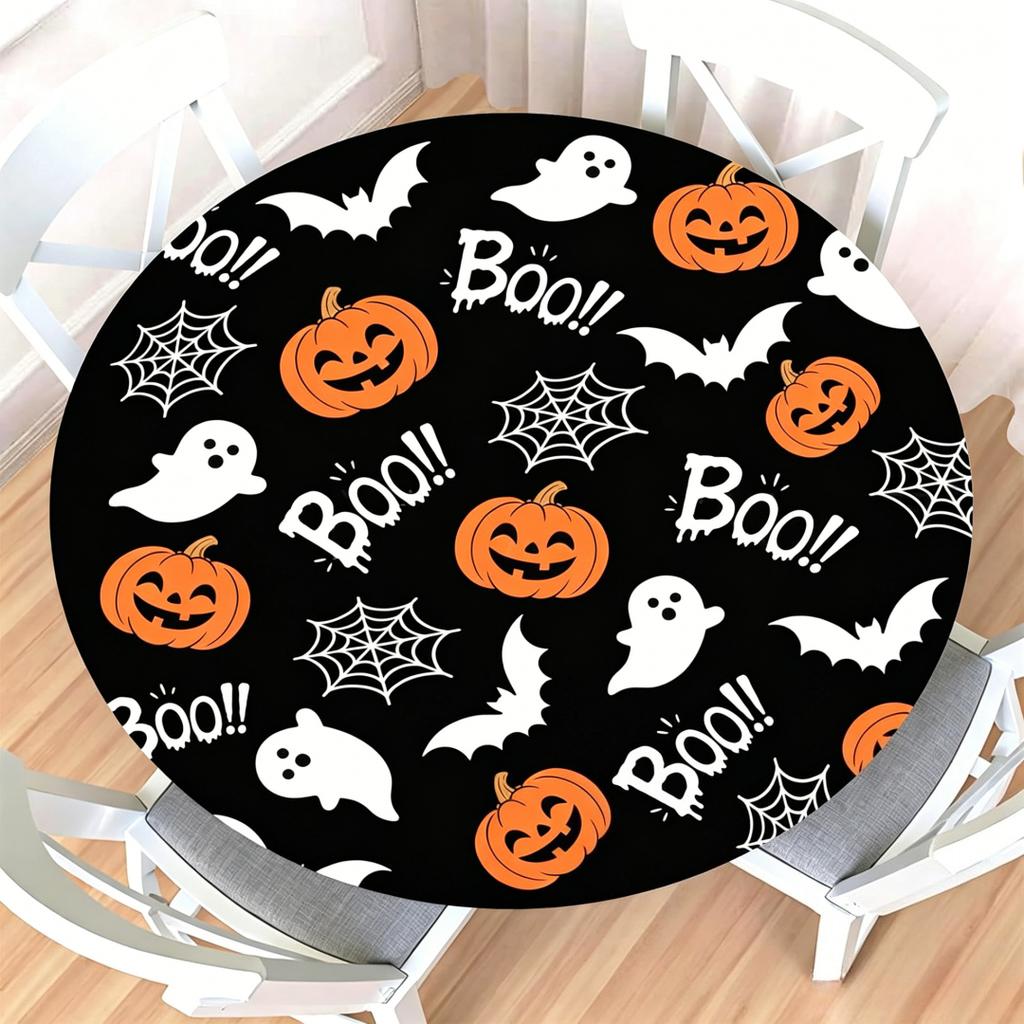 Halloween Round Table Cover Waterproof Oilproof Stretch Fitted Tablecloth Pumpkin Ghost Print Wipeable Table Protector Home Party Holiday Dining Decor