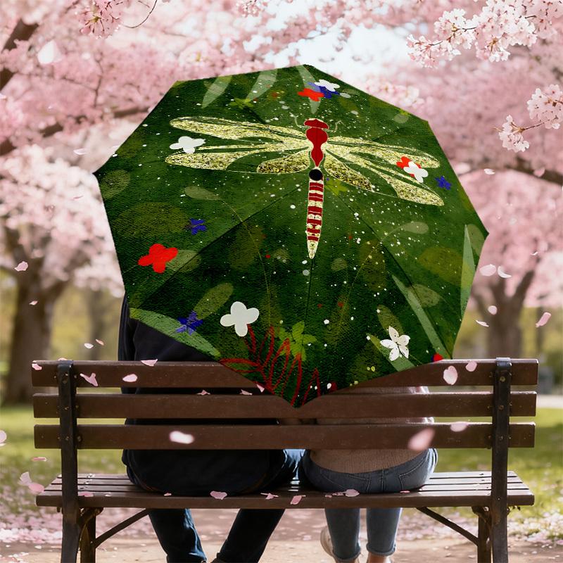 1pc Dragonfly, Flowers Automatic Open/Close Umbrella with Windproof, 8-Rib Sturdy Canopy, Durable Ribs, Fashionable Design1175A