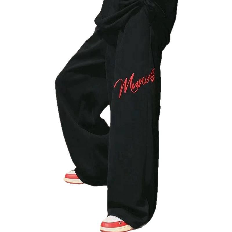 Graue Hip-Hop-Jazzhosen im amerikanischen Stil: Bestickte Herbst-Jogginghosen mit weitem Bein und lockerem Schnitt