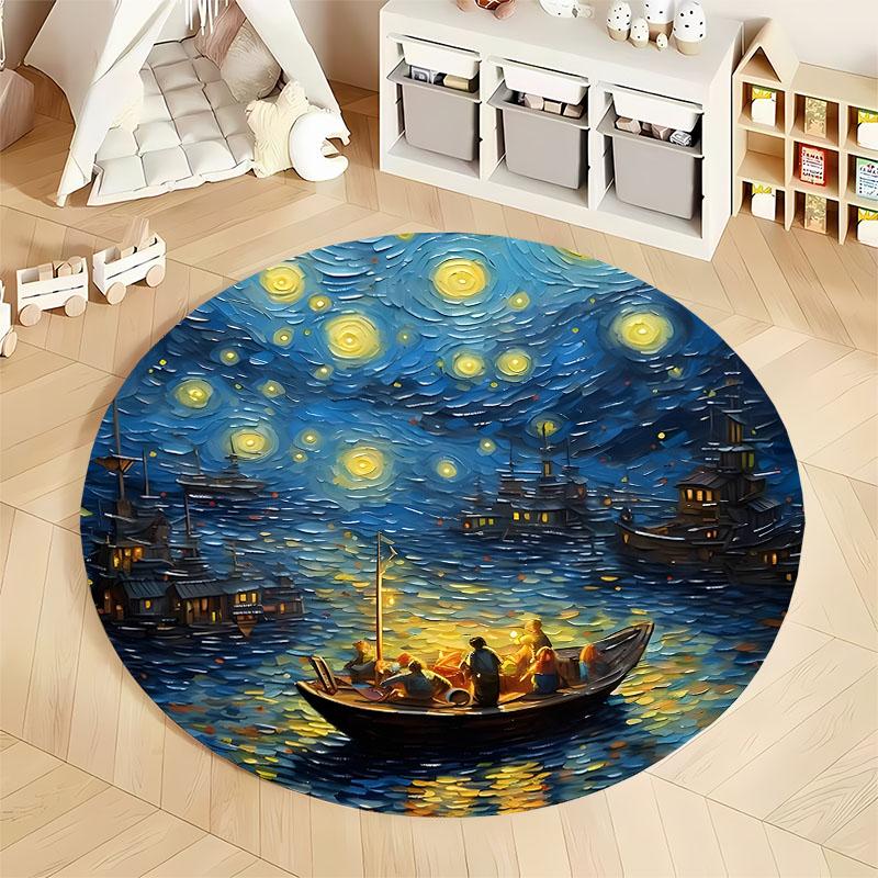 Starry Night Boat Ride Artistic Round Carpet for Living Room round carpet for home sofa bedroom, gift