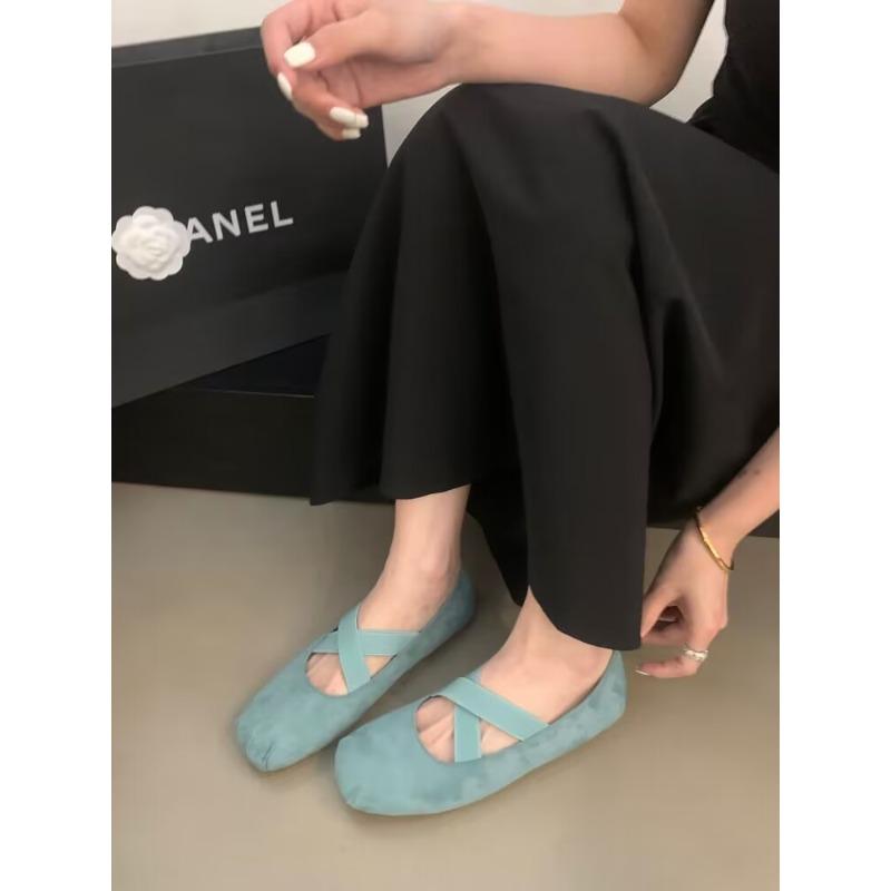 New Ballet Flats for Women Cross-tied Elastic Band Flats Square Toe Slip on Shoes Faux Suede Sneakers Black Zapatos Mujer