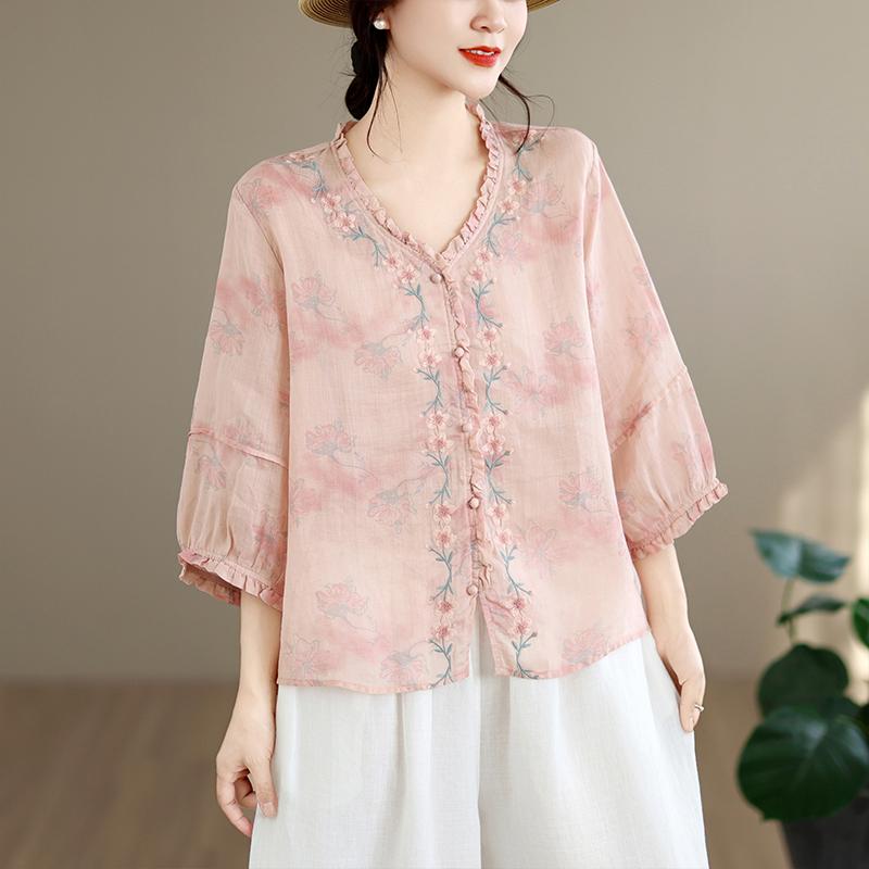 DIMANAF 2026 Summer New Plus Size Women Blouse Shirt Elegant Vintage Print Floral Lady Tops T-Shirt Cotton Clothing