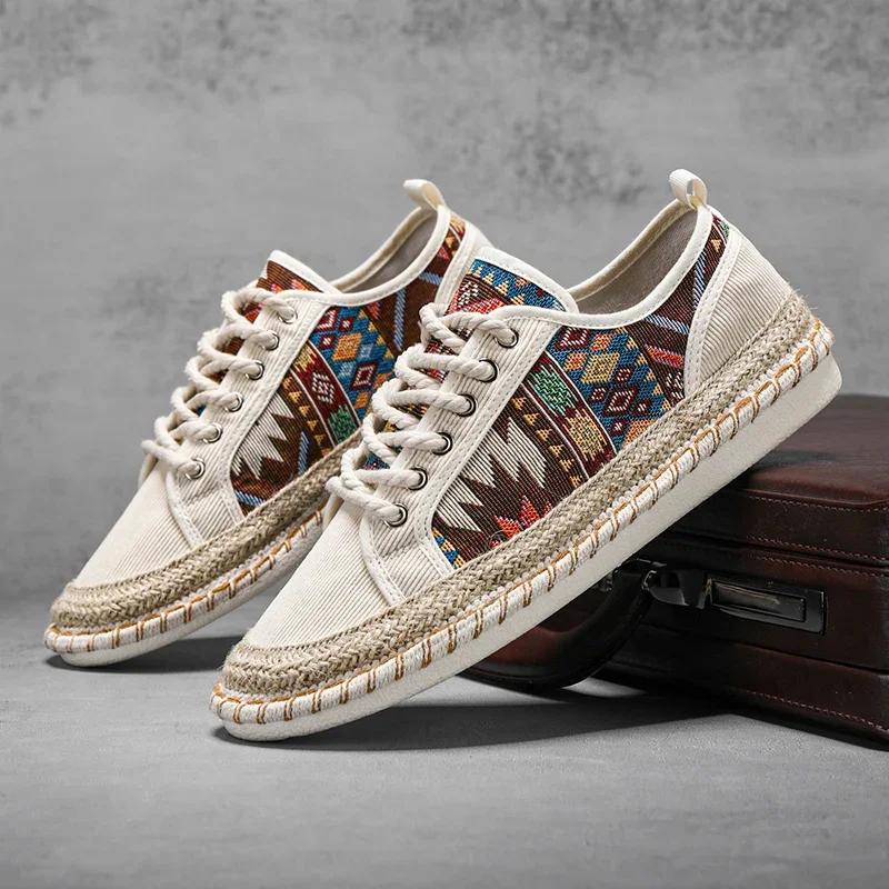 Hot Sale Ethnic Style Men's Canvas Shoes Sewing Casual Flat Shoes Man Breathable Fisherman Shoes Men Espadrilles zapatos hombre