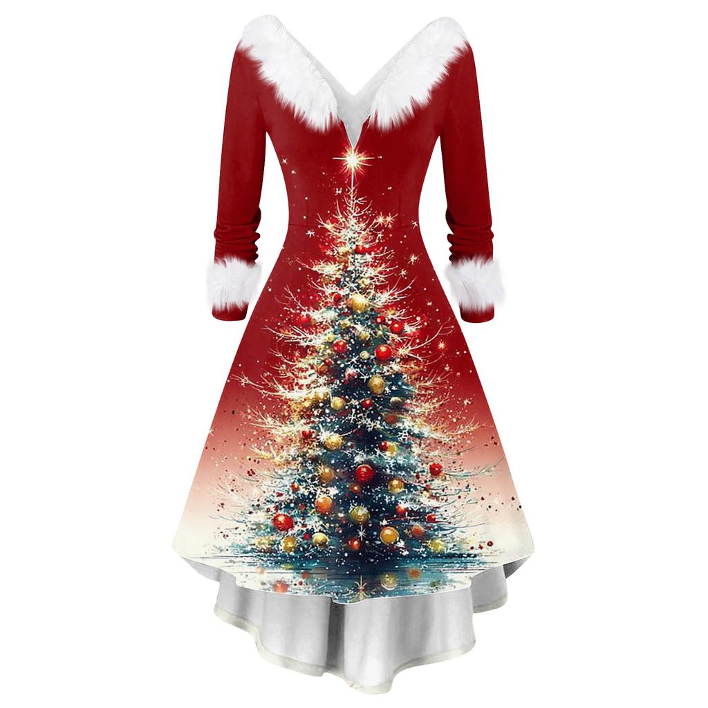 Women's Fashion Elegant Autun And Winter Long Sleeve V-Neck Christmas Print Dress