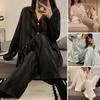 2 Teile/satz Frauen Frühling Sommer Pyjama Set Gestreifte Seidige Eis Seide Revers Lange Ärmel Lose Einreiher Breite Bein Homewear hemd Hosen Set Nachtwäsche