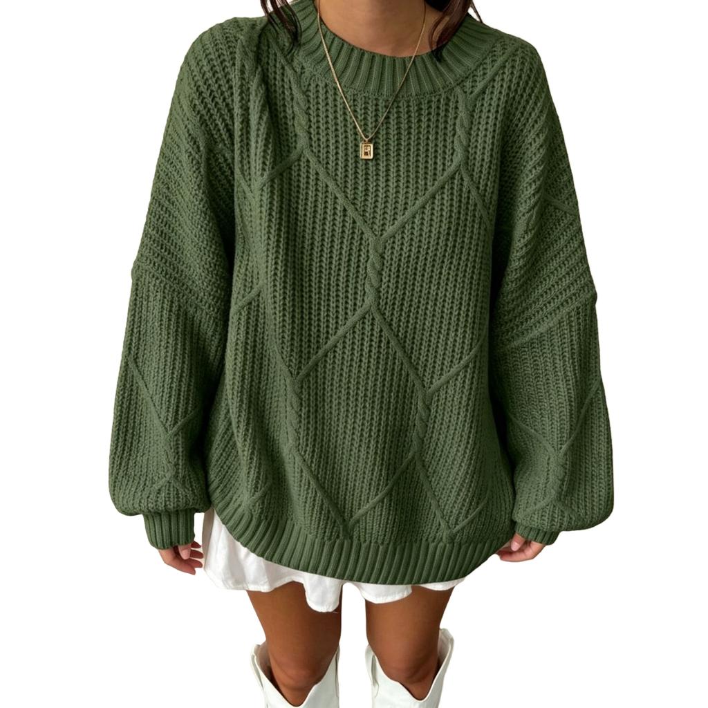 Women's Pullover Sweater, Cable Knit, Loose Fit, Round Neck, Color