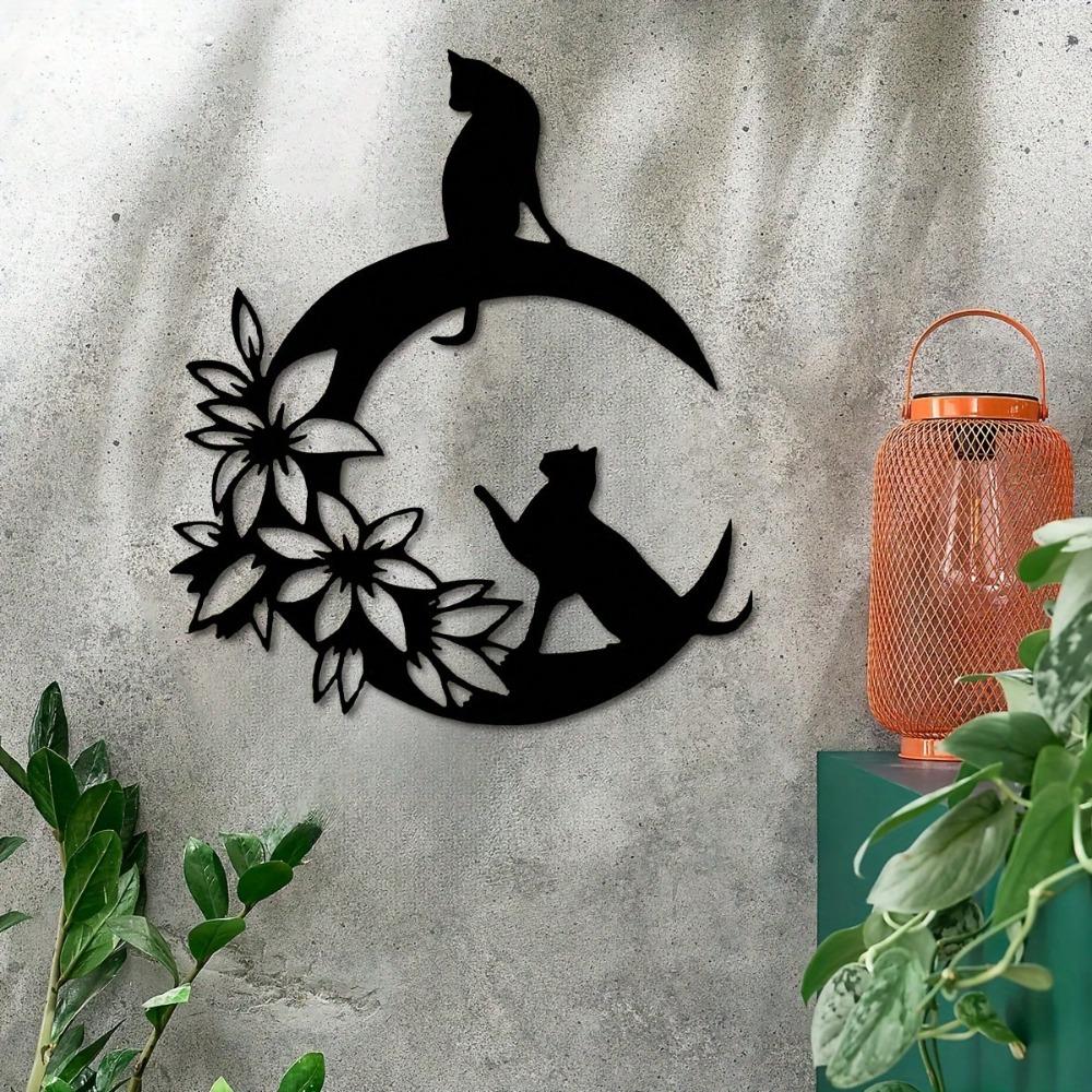Metal Wall Art Black Cat Crescent Flower Silhouette Durable Indoor Outdoor Home Decor Gift for Cat Lovers