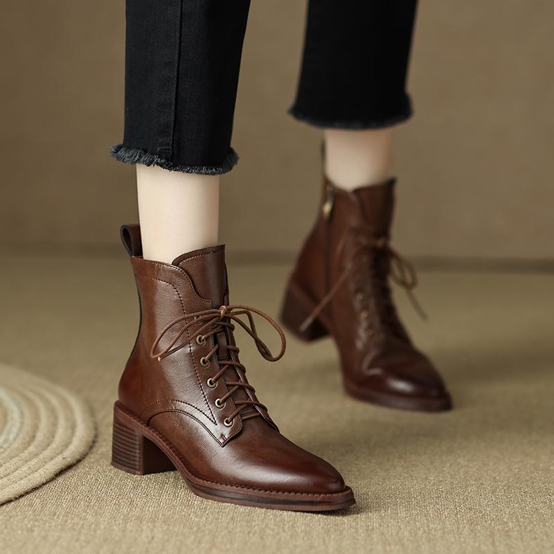 Dámské kotníkové boty Štípaná hovězí kůže Vysoké podpatky Zip Šněrování Černá Hnědá Gotické Elegantní Dámské kotníkové boty Vysoká kvalita Ručně vyráběné boty