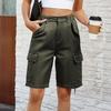 Women's Fashionable Workwear Shorts Solid Color Pocket Button Elastic Waist Casual Five Quarter Pants
