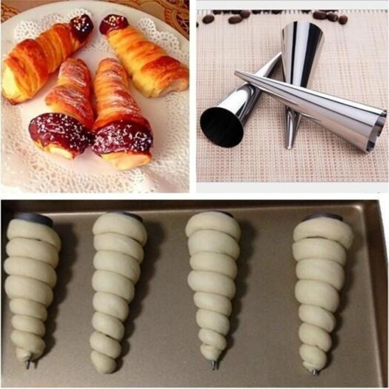 6 Pcs Stainless Steel Cone Shape Spiral Croissant Denmark Pointed Metal Spiral Baking Tool for Making Croissants Roll Bread