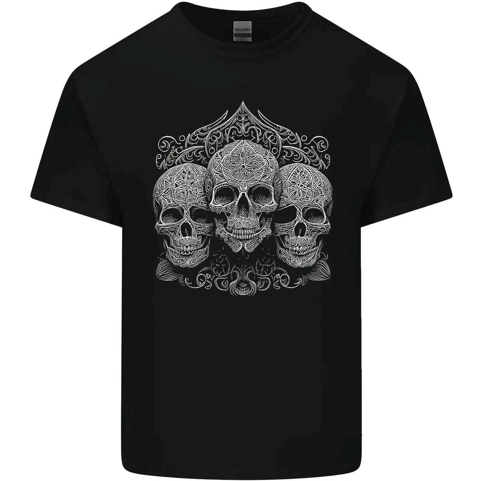 3 Ornate White Skulls Gothic Goth Kids T-Shirt Childrens S