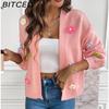BITCED Hand-Crocheted Floral Sweet Knit Cardigan Sweater Jacket for Women Lazy-Chic Style Casual Oversized Knitwear