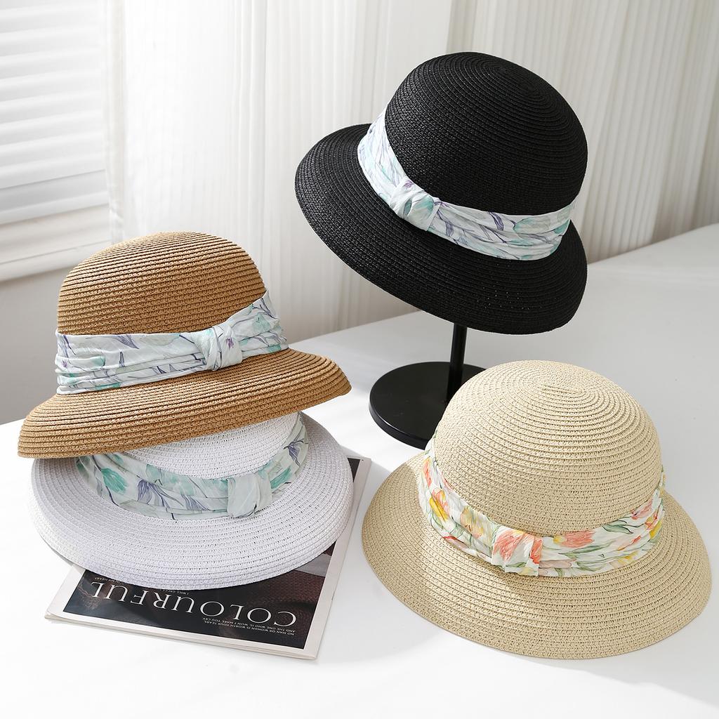 New Chinese Oil Painting Style Printing Flat Top Straw Hat Women's Summer Shopping Sunshade Sunscreen Top Hat Showing Face Small Seaside Hat