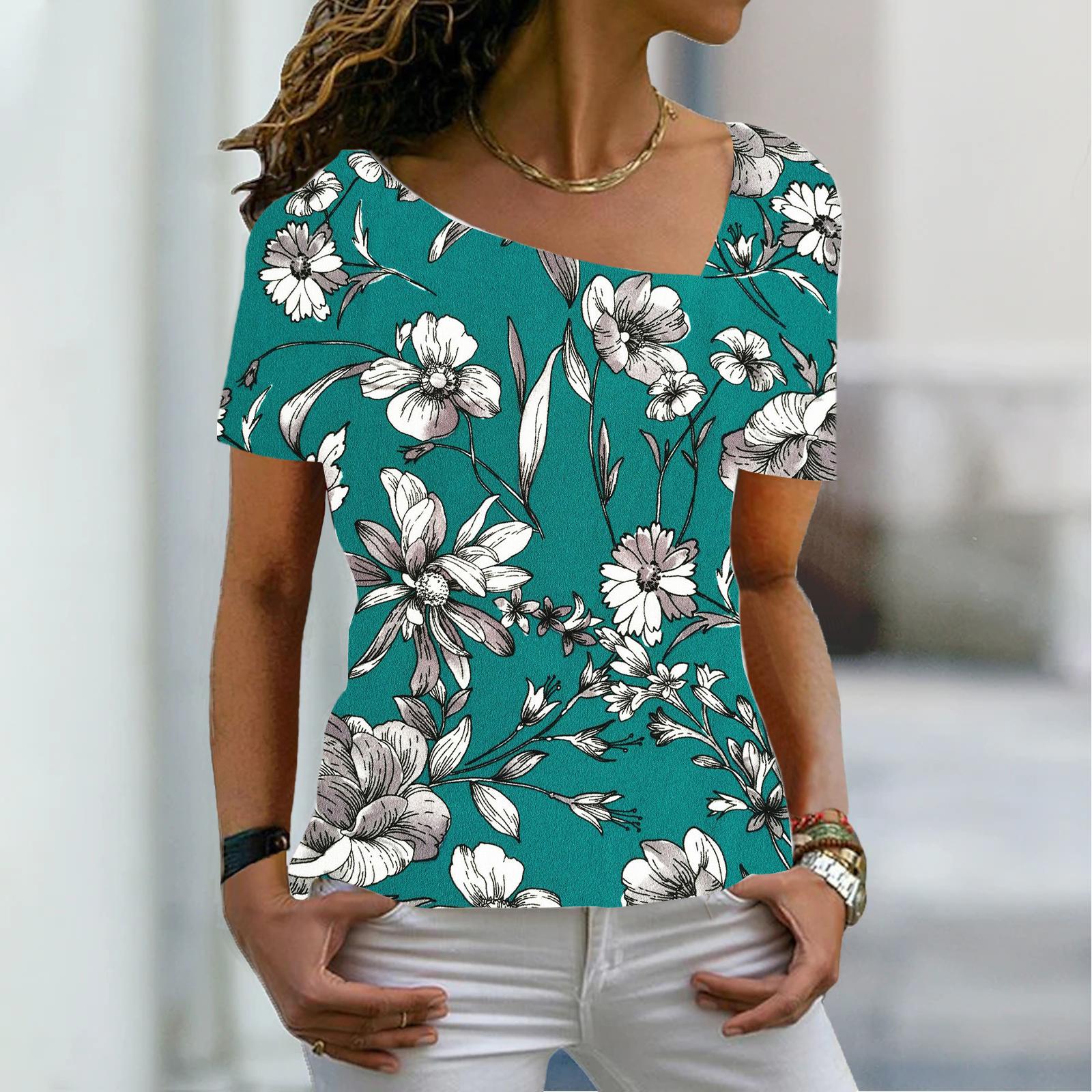 

Женская мода, новая винтажная футболка с цветочным принтом, короткий рукав, V-образный вырез, базовая рубашка, летний топ XS-8XL/3D-печать 4XL