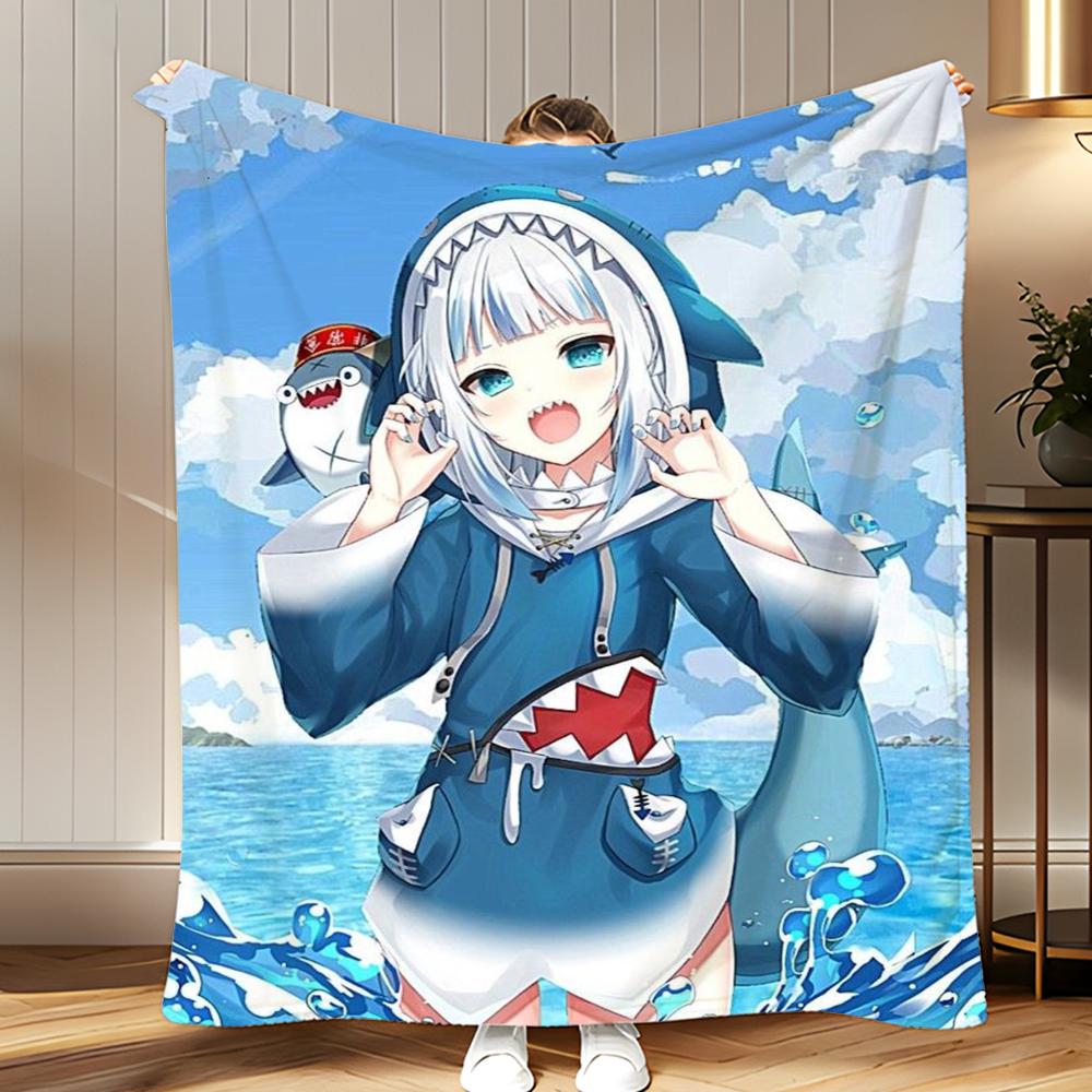 vtuber Gawr Gura Throw Soft Coral Fleece Blanket 310gsm Fluffy Warm Throw for Sofa Bed Couch Bedroom Decor