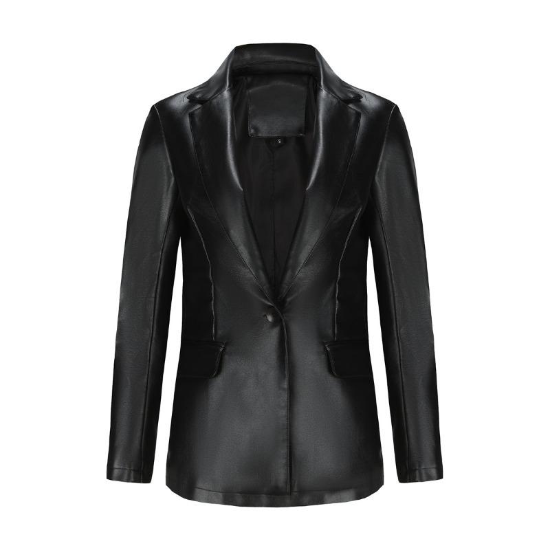 New small suit long-sleeved jacket women's single-grain buckle commuter casual solid-color leather jacket