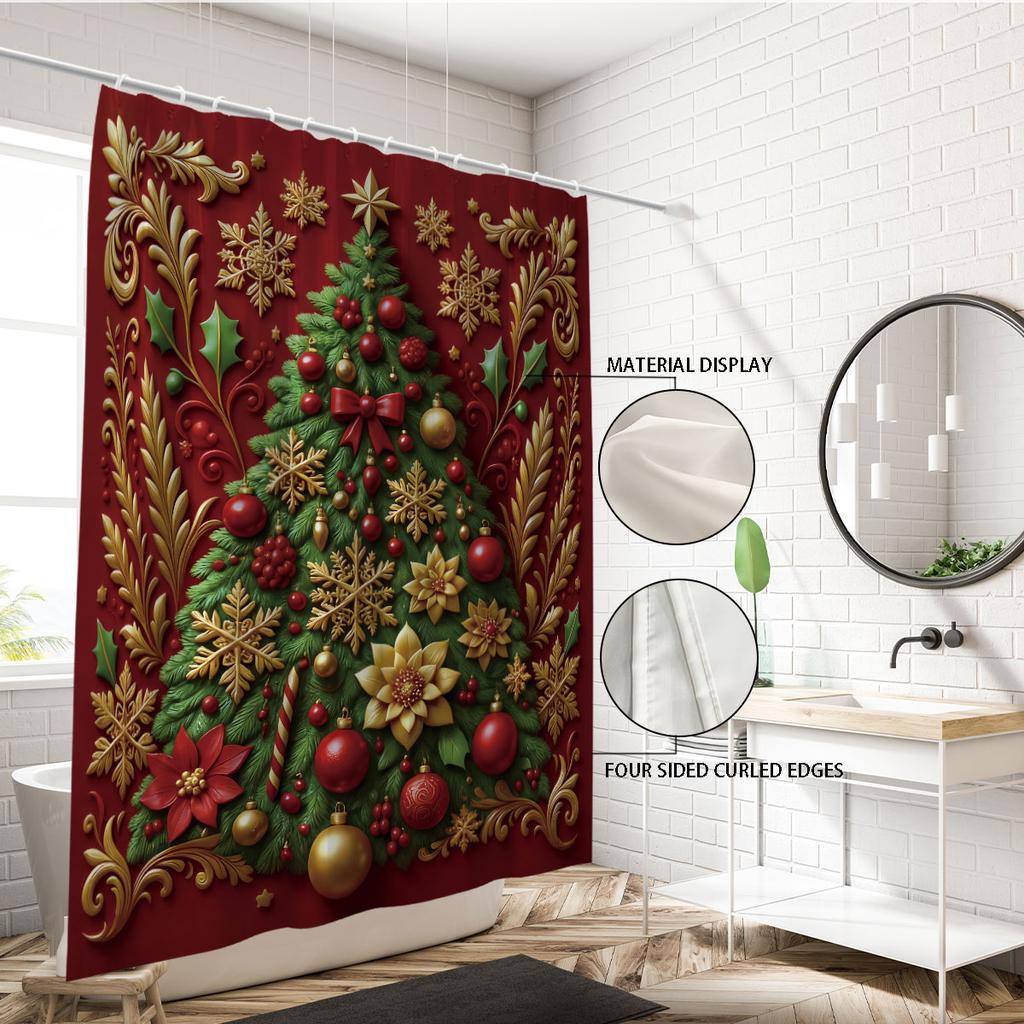 1pc red Christmas tree print waterproof shower curtain partition privacy hanging curtain, with 12 hooks, easy to install
