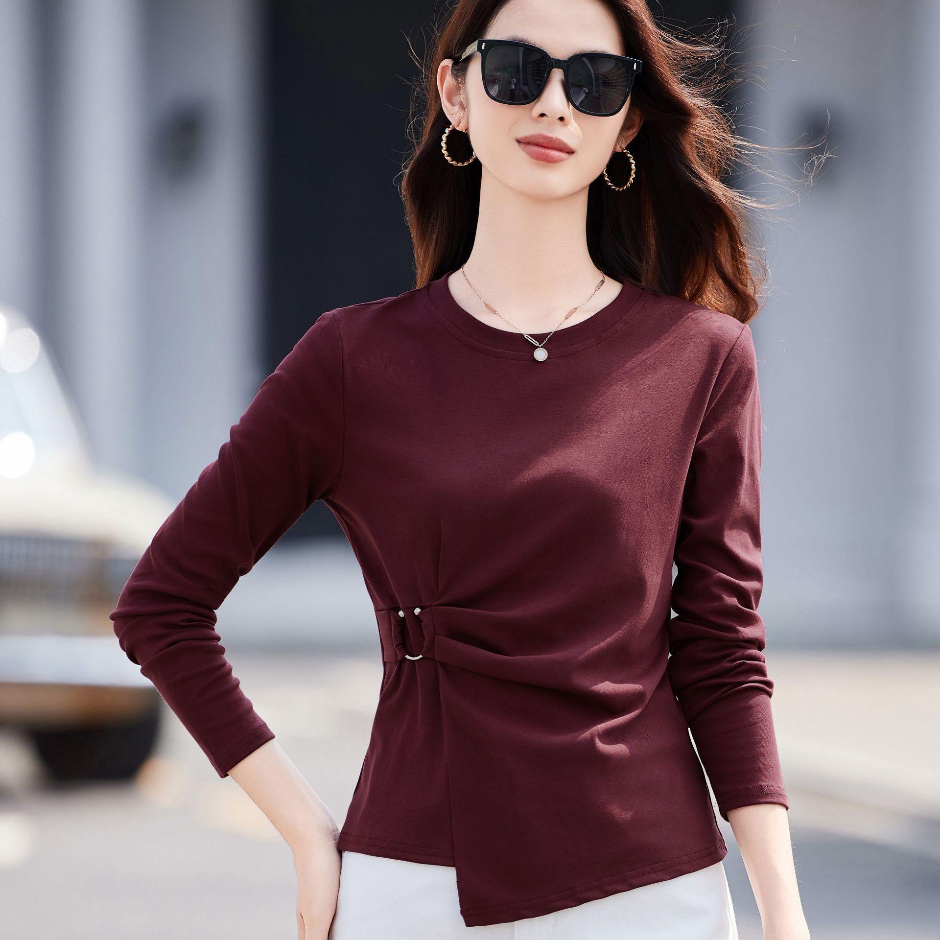 

Осенняя женская повседневная модная футболка с круглым вырезом и длинным рукавом M красный