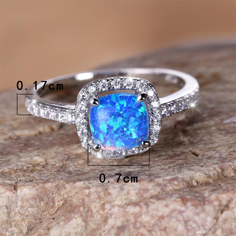 Blue Opal Square Engagement Ring White Round CZ Stone Wedding Rings For Women Color Jewelry Simple Fashion Accessory Gift