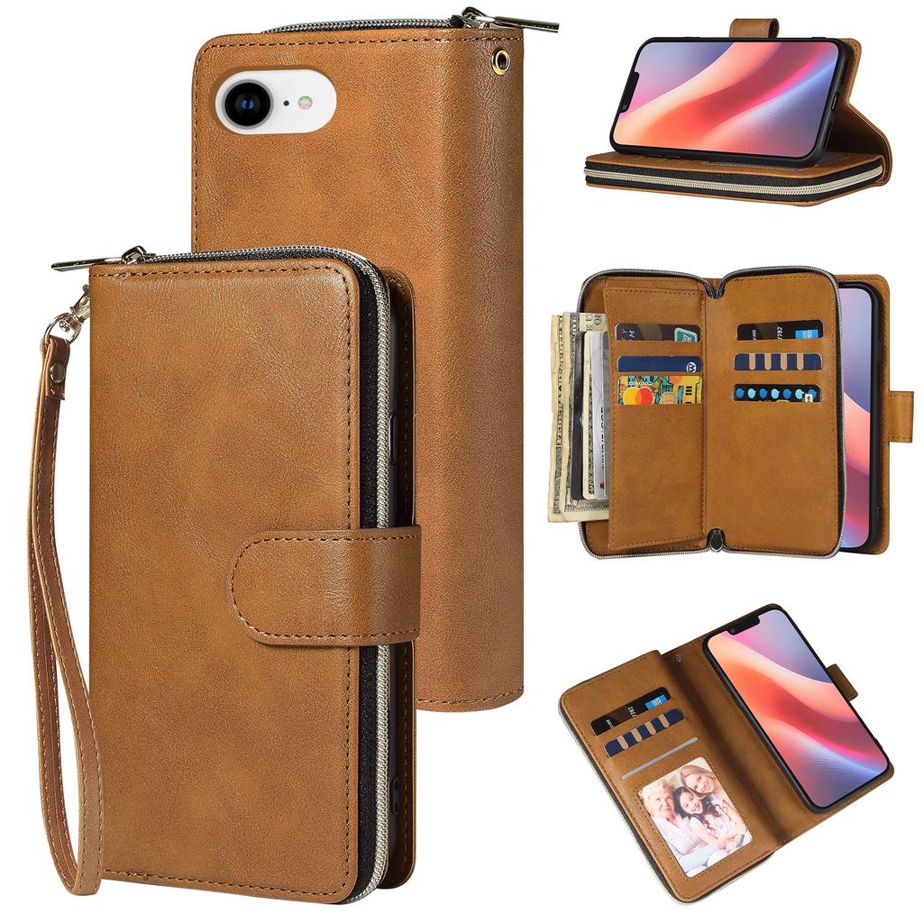 For iPhone 16e Case Zipper Pocket PU Leather Phone Cover with Hand Strap