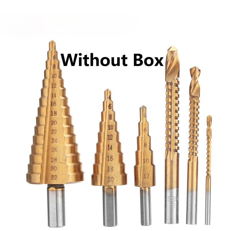 

6 шт., набор ступенчатых сверл из быстрорежущей стали и титана, 4-12/20/32 мм, резак для металлических отверстий, деревянная конусная коронка, инструмент для сверления отверстий + 3,6,8 пила, дрель without box
