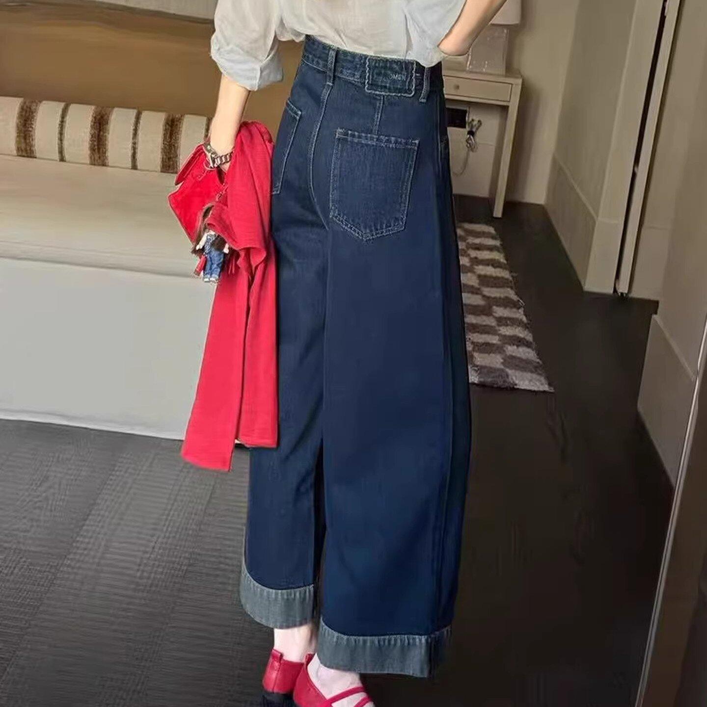 High-Waisted Dark Blue Retro Jeans: Winter, Comfortable, Loose-Fit, Straight/Wide Leg. 2XL
