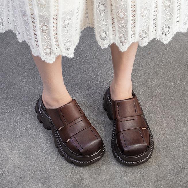 Moda 7cm Mocassini in Vera Pelle di Mucca Scarpe Basse di Gomma Sandali con Zeppa Piattaforma e Gancio Estive Comode e Accoglienti Pantofole Sagomate Scarpe