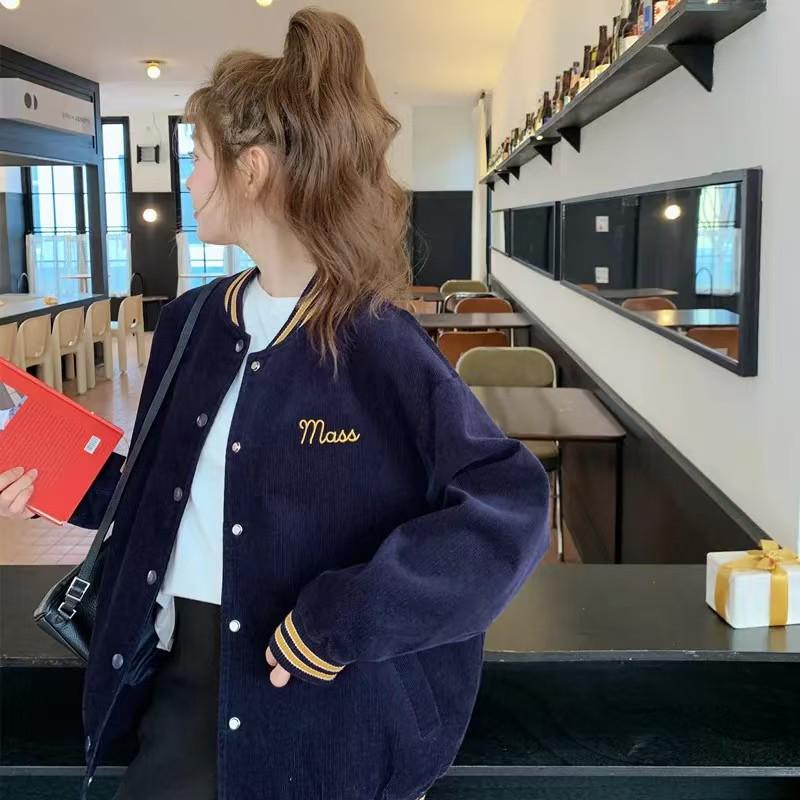 2026 Autumn Women's Retro Fleece-Lined Baseball Jacket: College Style, Loose Fit, Printed Design