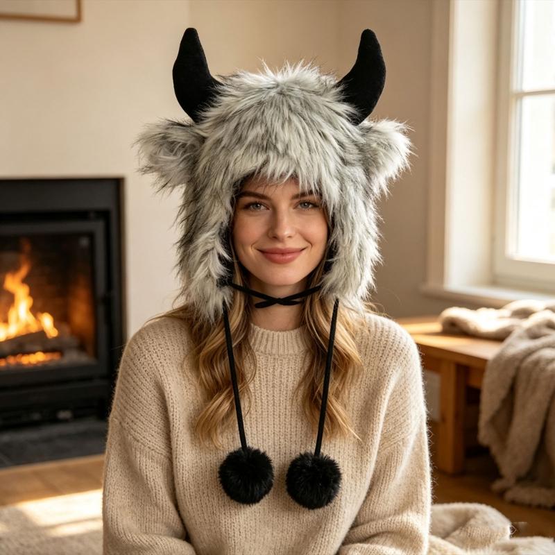 Cappello Invernale Peluche Corna di Toro, Morbido Cappello da Trapper con Copertura per le Orecchie e Laccetti per il Mentone per Uso Esterno, Foto e Viaggi