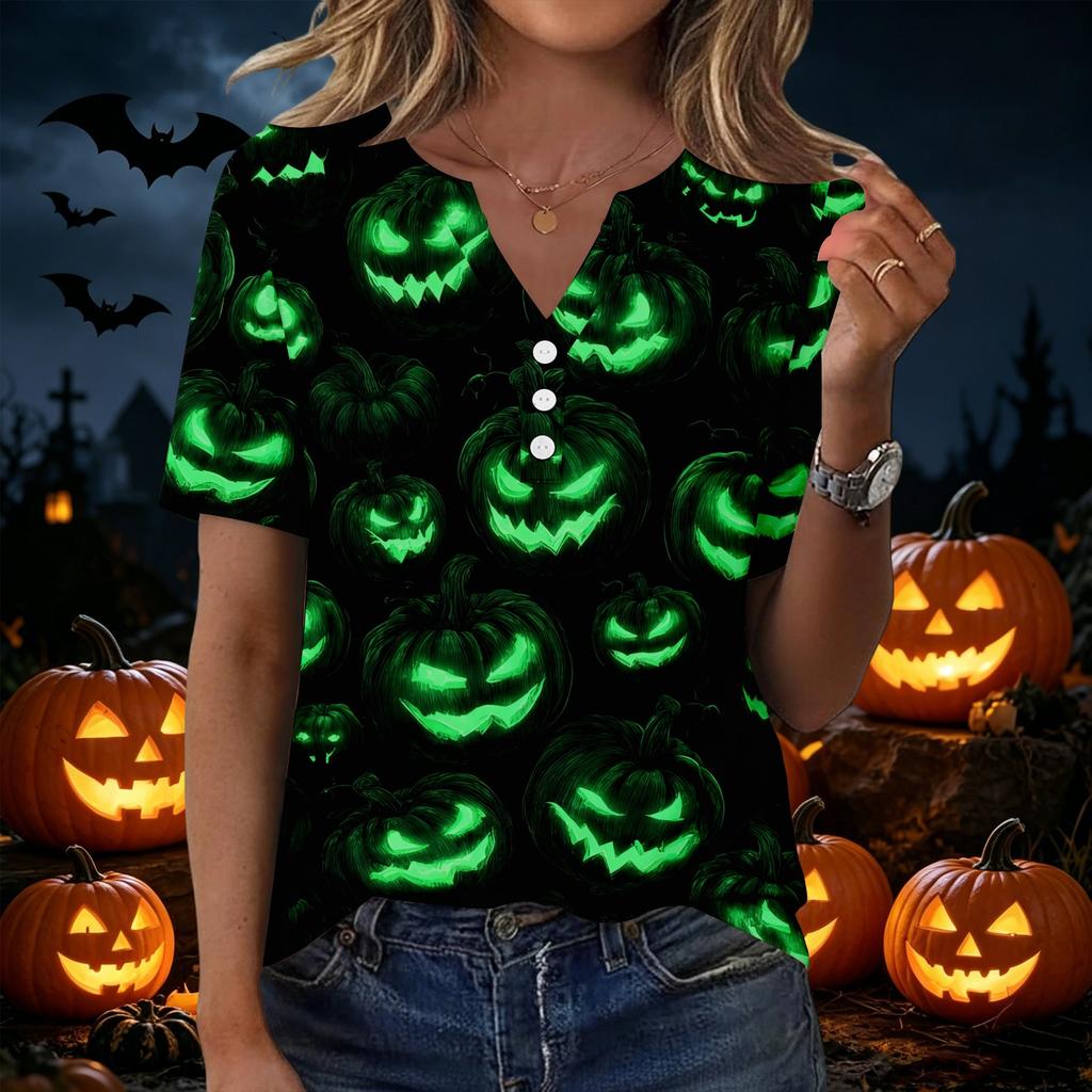 Women's Halloween Print Loose Fit V Neck Short Sleeve Top with Pocket Casual Shirt for Everyday Wear